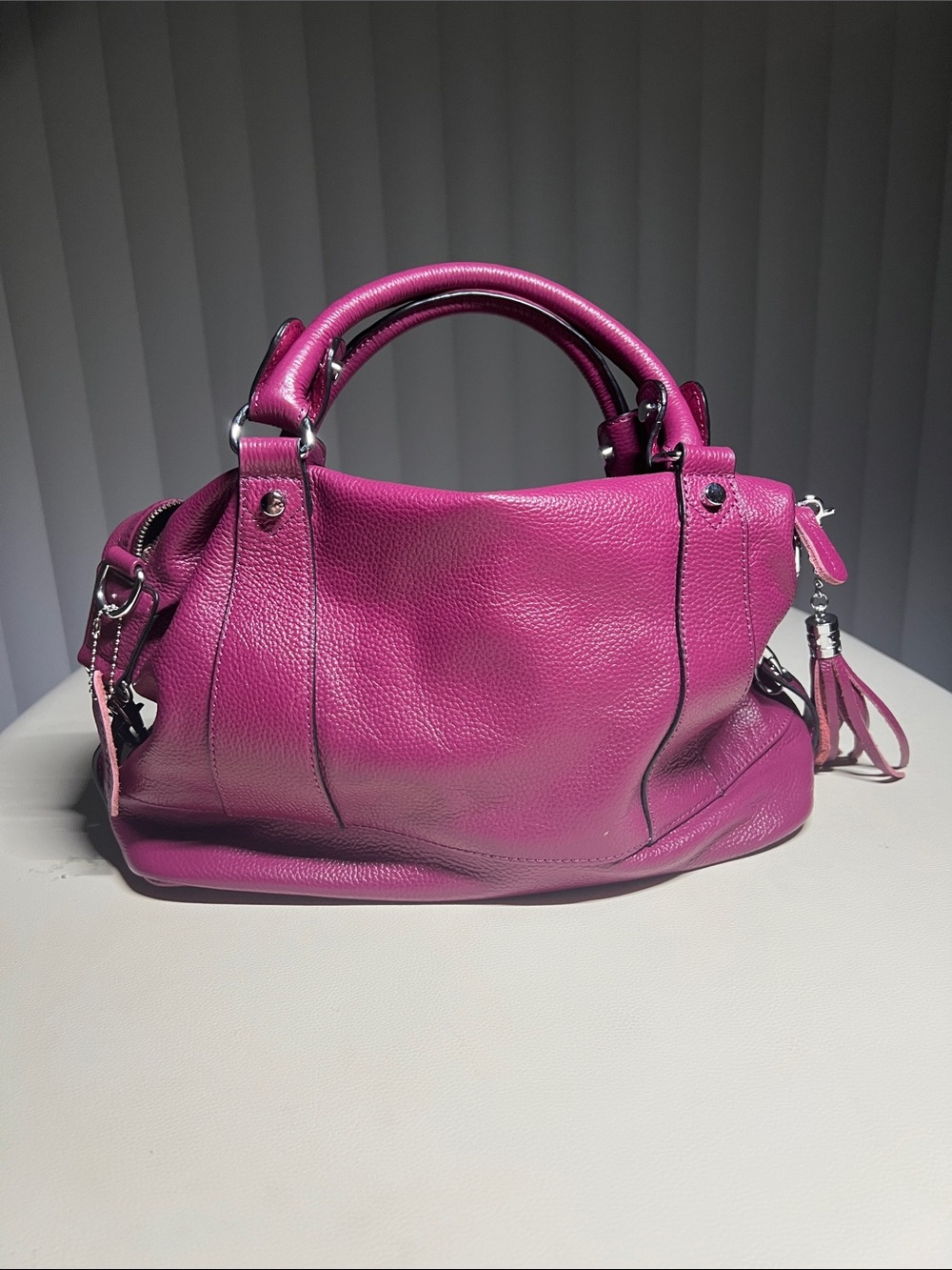 Women's Magenta Leather Shoulder Bag with Tassel Accent